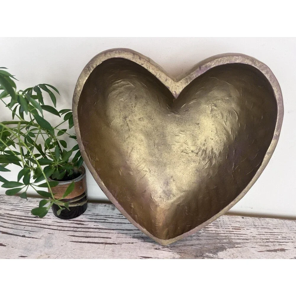 Charming Vintage Hand Carved Wooden Heart Bowl Gold Painted 13”x12”